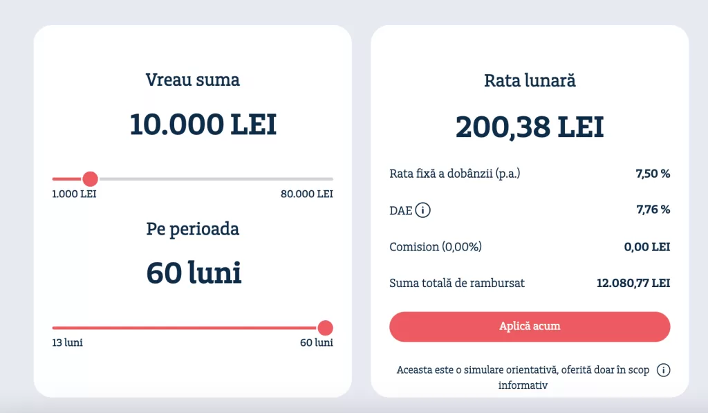 Simulare ofertă Addiko Bank România pentru un credit de 10.000 lei