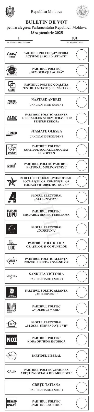 Buletinul de vot de la alegerile parlamentare din Republica Moldova
