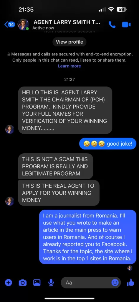 Captură de ecran cu mesajele între mine și agent Harry care încearcă să facă fraudă pe Facebook