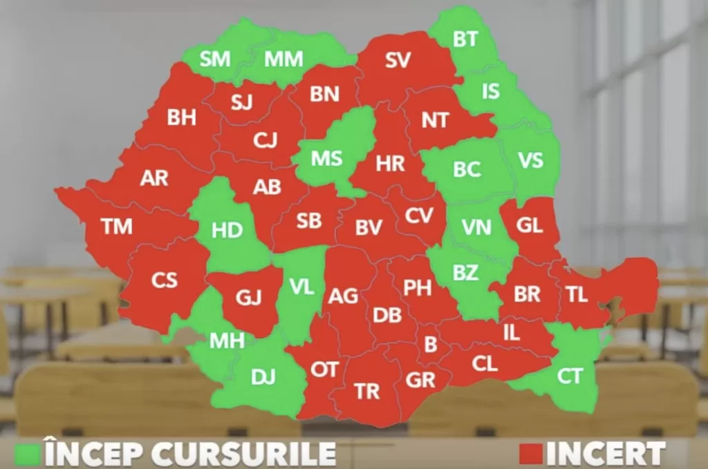 Harta Antena 3 cu situația pe județe privind începerea sau nu a școlii