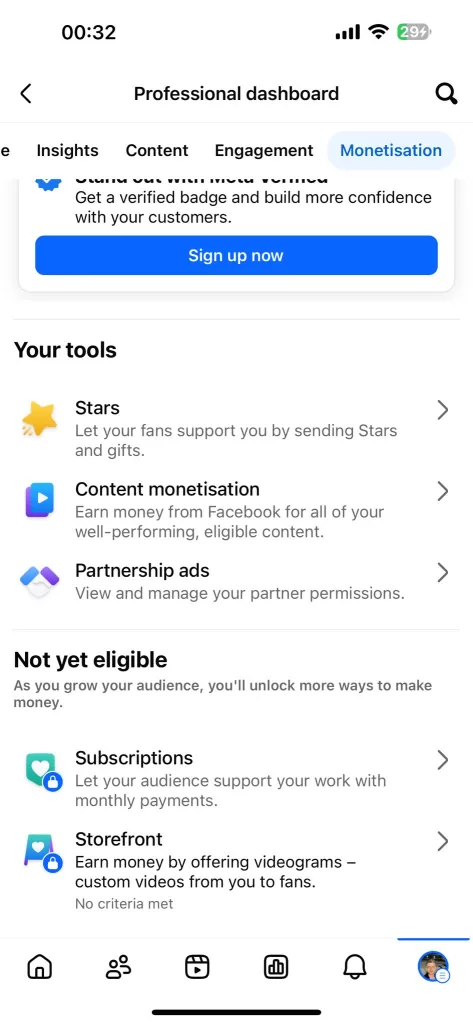 Captură de ecran ce arată care sunt optiunile de monetizare active sau inactive pentru un cont 