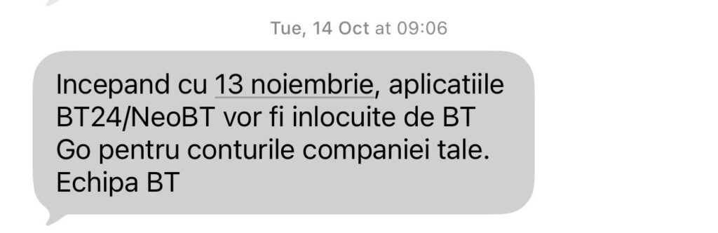 Informarea trimisă de Banca Transilvania clienților cu privire la închiderea BT24 și Neo BT