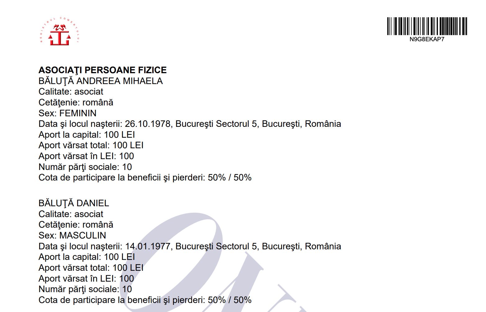 Certificat constatator ONRC pentru firma AAB SPEKTRA DENT SRL
