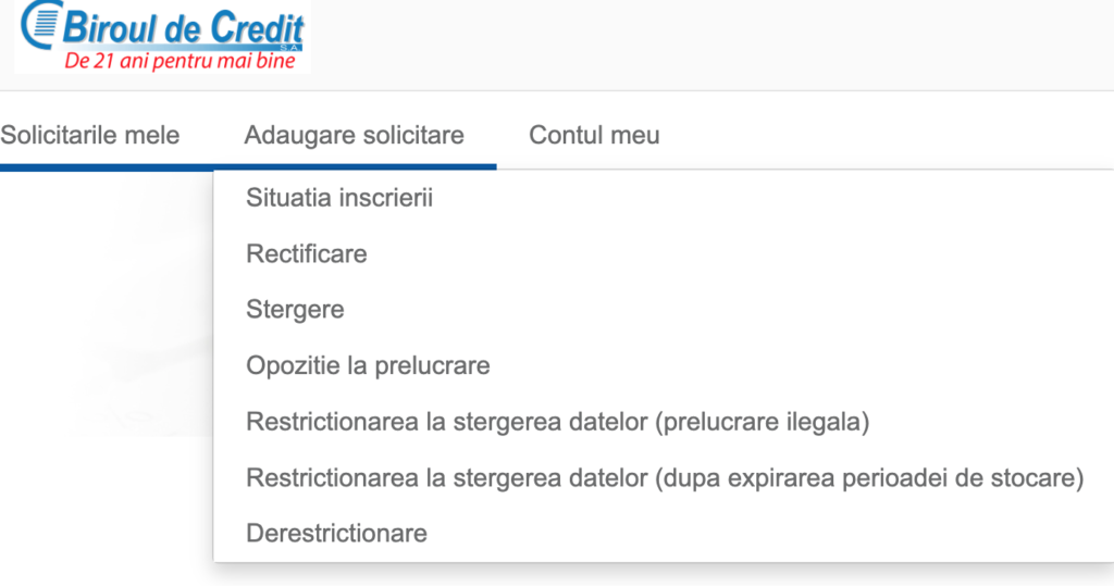 Meniul din Birouldecredit.ro pe secțiunea adaugă cerere, persoanele fizice pot cere singure ștergerea