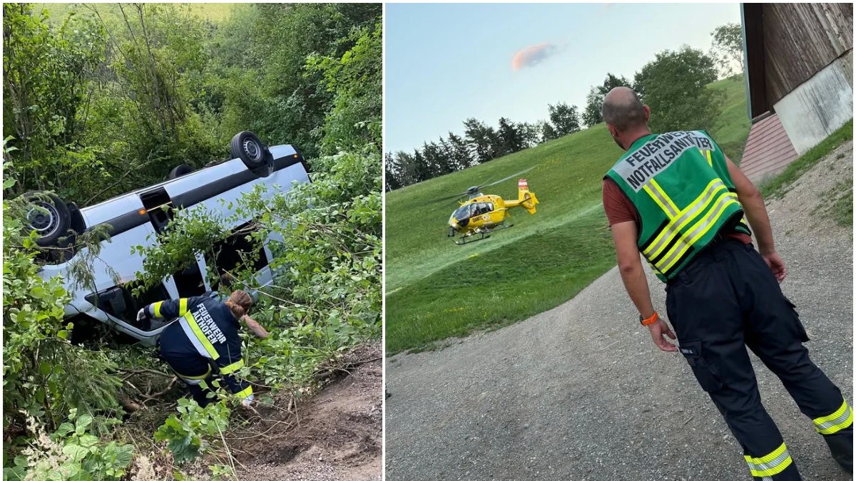 Accident cumplit în Austria Un microbuz plin cu români s-a prăbușit 10 metri într-o râpă și s-a oprit pe plafon în copaci