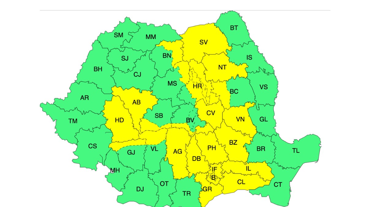 Cod galben de vijelii și averse de 50 de litri pe metrul pătrat în aproape jumătate de țară. ANM a publicat harta zonelor afectate